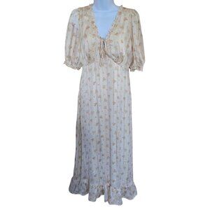 Floral Puff Sleeve Maxi Dress Beige/Pink Flowers Cottagecore Chic Boho Ruffle